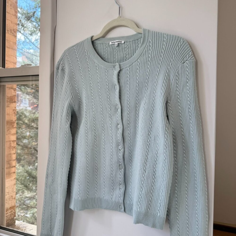 Reformation Natalie Cable Knit Cotton Cardigan Sweater Light Blue XL - Picture 6 of 15